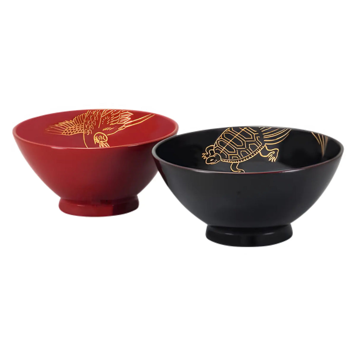 Echizen Shikki Makie Wood Couple Rice Bowls Crane and Tortoise